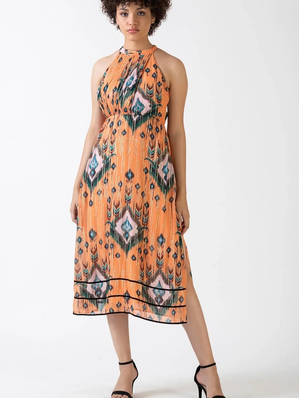 $258 Celina Moon Small Peach Sleeveless Halter Midi Dress
